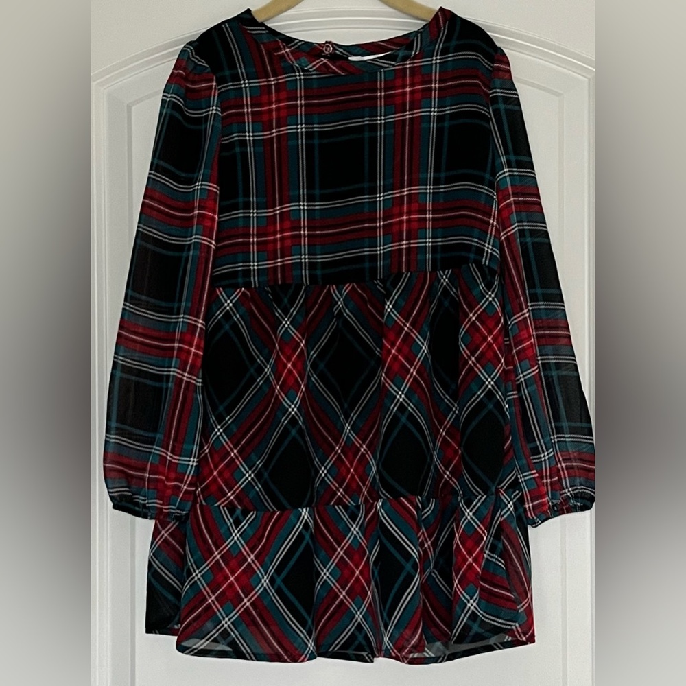 Draper James Girls Plaid Shift Dress Red Blue Tiered Lined Winter Church XS 4/5